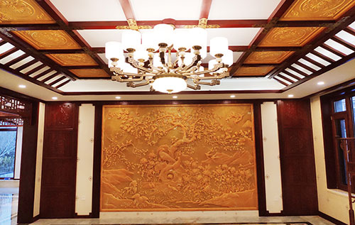 襄城中式别墅客厅中式木作横梁吊顶装饰展示